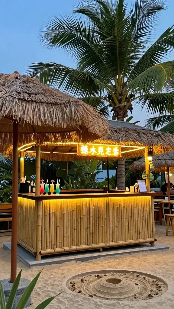 **"A vibrant Outdoor Living scene featuring a tropical tiki bar paradise with a bamboo-built DIY bar, thatched umbrellas, and lush palm fronds swaying overhead. Neon signage glows warmly against the dusk sky, while colorful straw cocktails with tiny umbrellas sit on the bar. A mini sandpit adds a playful beachy touch, completing the vacation-inspired retreat. The atmosphere is lively and relaxed, perfect for entertaining guests in a backyard oasis."**