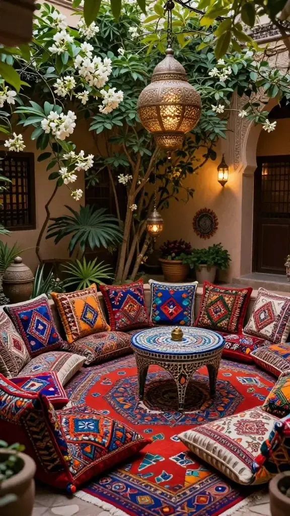 **"A jaw-dropping outdoor Moroccan courtyard, evoking the exotic luxury of a riad with rich jewel-toned textiles, intricate geometric patterns, and warm filtered light. The space is covered with an abundance of embroidered floor pillows and low seating atop a vibrant Boucherouite rug, surrounded by fragrant jasmine and gardenia plants. Ornate filigree metal lanterns hang above, casting intricate shadows when lit, while a small mosaic table adds intricate detail. The scene is a sensory escape, transporting viewers to a faraway land with its lush colors, textures, and ambient glow—perfect for intimate gatherings or serene relaxation."**