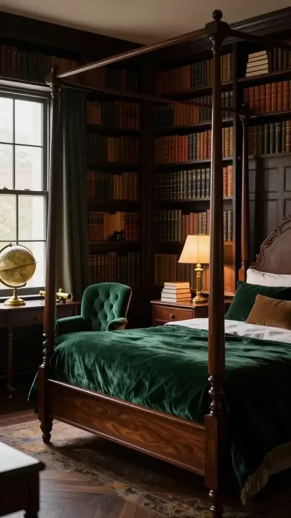 **"A cozy bedroom with a moody dark academia library vibe, featuring a deep walnut four-poster bed draped in rich green velvet bedding, surrounded by floor-to-ceiling bookshelves filled with leather-bound journals and antique hardcovers. A tufted velvet reading chair sits by a softly lit window with brass accents, an antique globe and brass telescope resting on a nearby wooden desk. Stacks of hardcover books adorn the nightstand, bathed in warm, ambient lighting that enhances the scholarly yet intimate atmosphere. The room exudes a luxurious, bookish charm with deep browns, emerald greens, and golden brass details."**