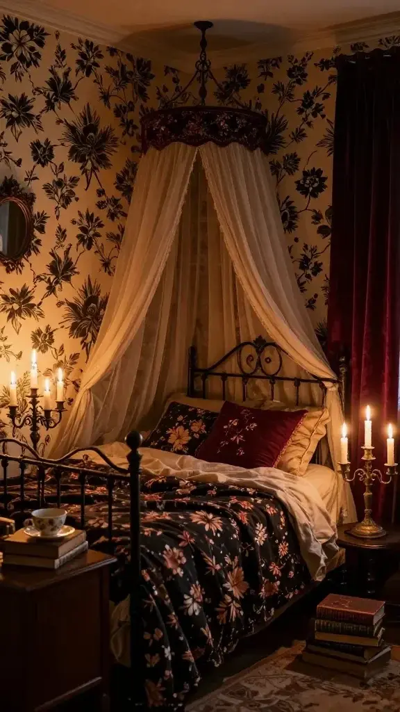 **"A cozy bedroom with moody Gothic cottagecore charm, featuring a wrought iron canopy bed draped in dark floral linens, surrounded by flickering candlelight from antique brass candlesticks. One wall is adorned with elegant black-and-cream floral wallpaper, while deep burgundy velvet curtains add dramatic warmth. Vintage books and a teacup rest on a wooden nightstand, evoking a romantic Brontë-inspired retreat. Soft golden lighting and autumn-hued textiles create a dreamy, intimate atmosphere."**