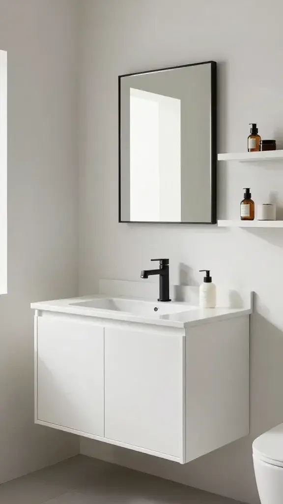 **"A modern, cloud-core minimalist bathroom vanity featuring crisp white shaker-style cabinets, a sleek white quartz countertop, and a white undermount sink. The design is elevated with matte black hardware and a single black-framed rectangular mirror to add contrast. White oak floating shelves are installed above the vanity, holding minimalist decor. The space is bathed in soft natural light, creating a clean, serene, and chic atmosphere. The vanity is the clear focal point, styled with subtle textures and neutral accents for a refined yet inviting look."**