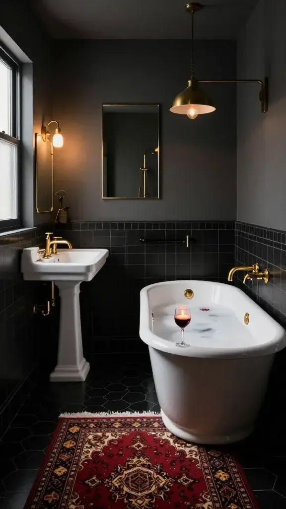 **Image Prompt:** *A small bathroom transformed with bold, moody elegance, featuring black hexagonal floor tiles and charcoal-gray walls for dramatic contrast. Brass faucets, shower fixtures, and mirror frames add luxurious accents against the dark backdrop. Crisp white fixtures—a pedestal sink and freestanding bathtub—create striking balance. Warm light glows from sleek brass sconces flanking the mirror and a statement pendant light above the tub. A vintage Persian rug in deep reds and golds softens the floor, adding warmth. The intimate space exudes sophistication, perfect for a candlelit bubble bath with a wine glass resting on the tub’s edge. Natural light filters through a small frosted window, enhancing the moody yet inviting atmosphere.*