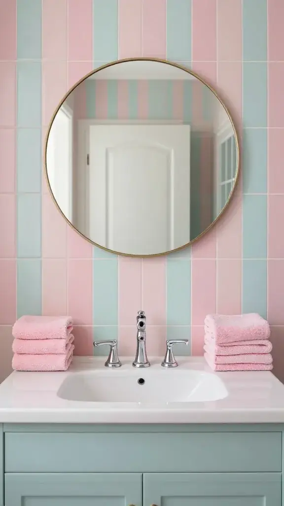 **"A jaw-dropping bathroom featuring Wes Anderson-inspired symmetry with vertical pastel tile stripes in perfectly balanced 50/50 proportions, creating a candy-colored backdrop. A large round mirror is centered on the wall, reflecting the soft hues, while neatly folded pastel towels add a finishing touch. The clean lines, retro charm, and meticulous balance evoke a whimsical yet sophisticated aesthetic, making this bathroom a stunning visual masterpiece. High-quality photo with natural lighting, sharp details, and a serene, inviting atmosphere."**