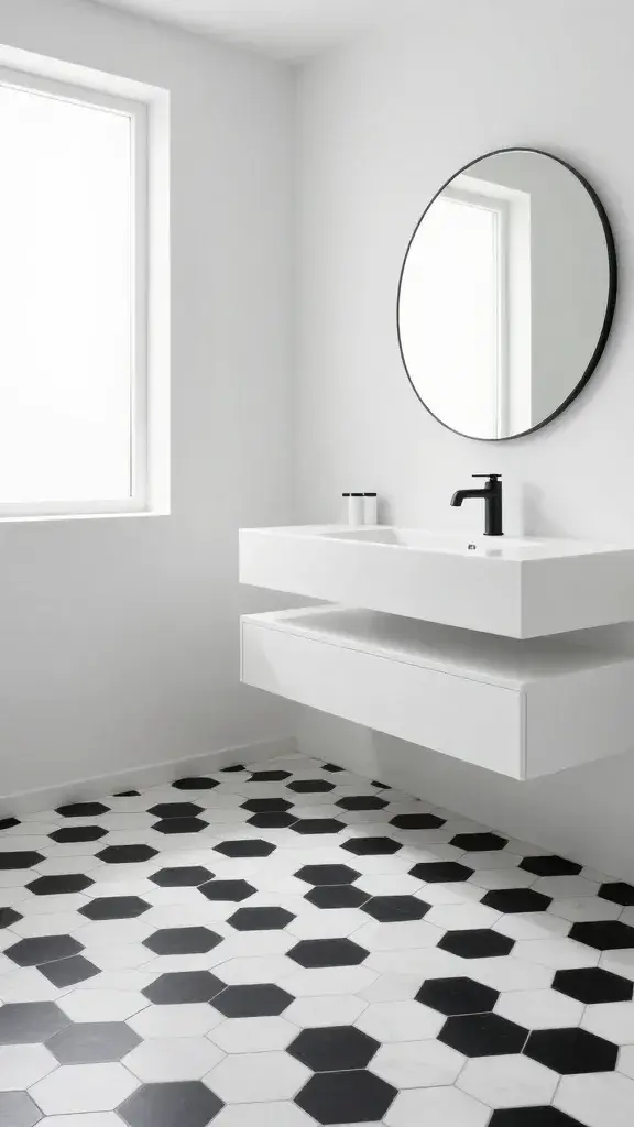 "Minimalist Bathroom with bold black and white geometric floor tiles in an oversized hexagon pattern, featuring matte black fixtures, a sleek floating white vanity, and a single large round mirror to balance the angular design. The space is bright, airy, and uncluttered, with clean lines and a modern spa-like aesthetic, avoiding a retro speakeasy vibe. Natural light streams in through a frosted window, enhancing the contrast of the monochrome palette. The composition highlights the symmetry and graphic impact of the tilework while maintaining a serene, minimalist atmosphere."