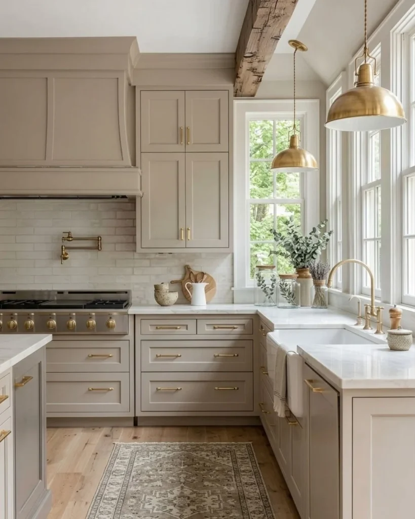 Add Exposed Beams and Brass Dome Pendants to a Greige Kitchen for Farmhouse Elegance