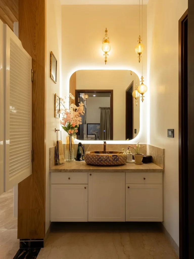 Add Moroccan Lanterns and a Gold Geometric Sink for an Exotic Bathroom Feel