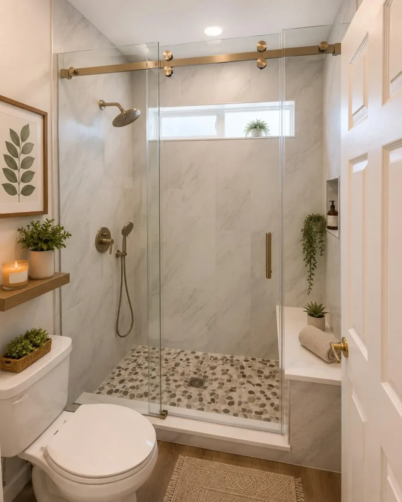 Add a Pebble Shower Floor and Sliding Glass Door for a Natural, Spa-Like Bathroom