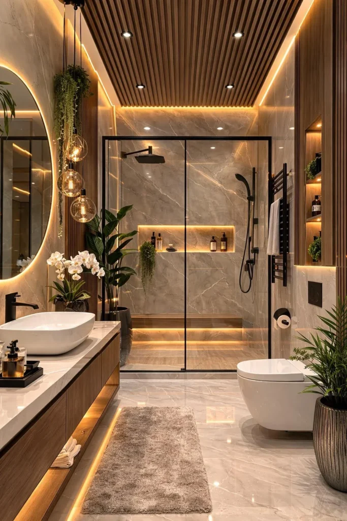Add a Slatted Wood Ceiling and Trailing Plants for a Biophilic Bathroom