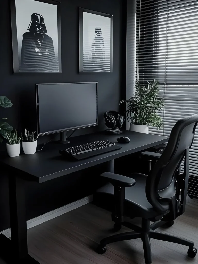 All-Black Minimal Desk Setup with Star Wars Prints and Green Plants