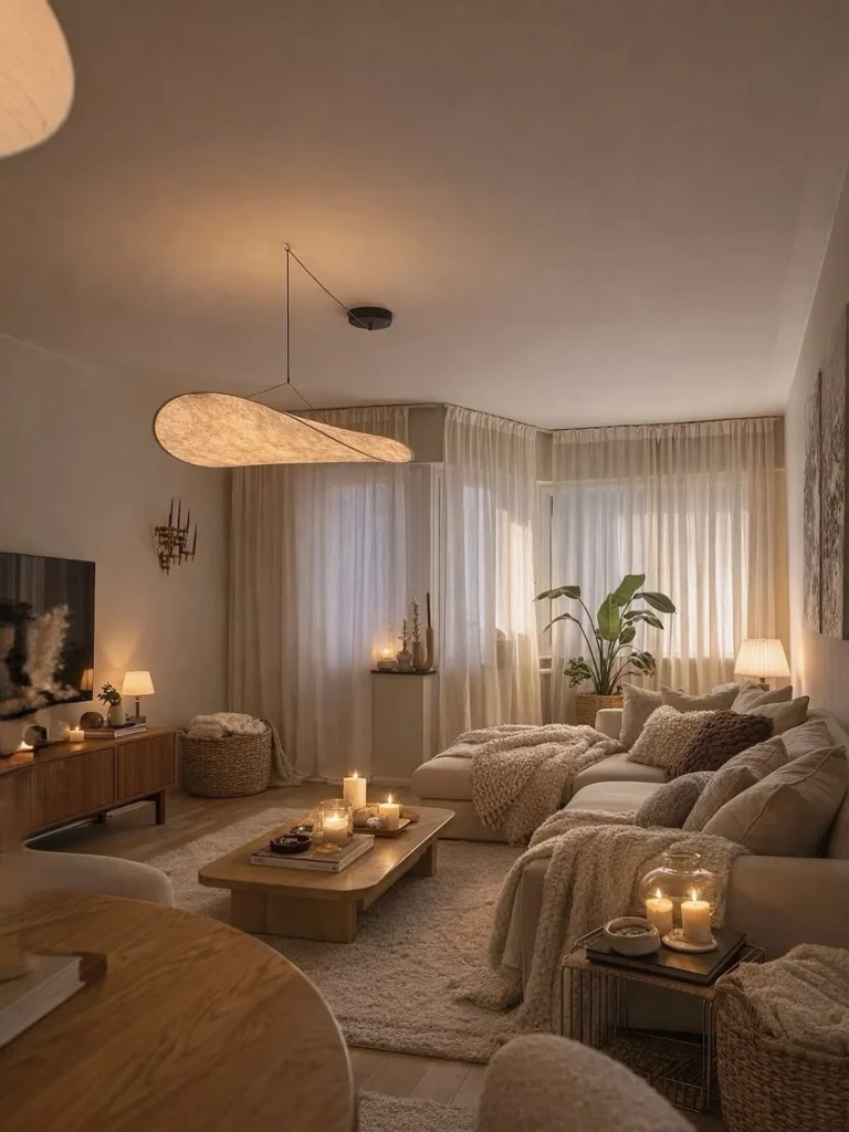 All-Cream Living Room With Candlelight and Sculptural Pendant Light