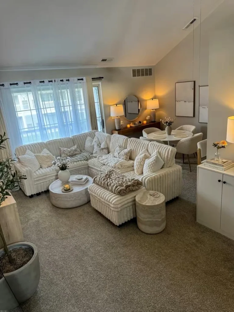 All-Cream Open Plan Layout With Sectional Sofa and Dining Nook