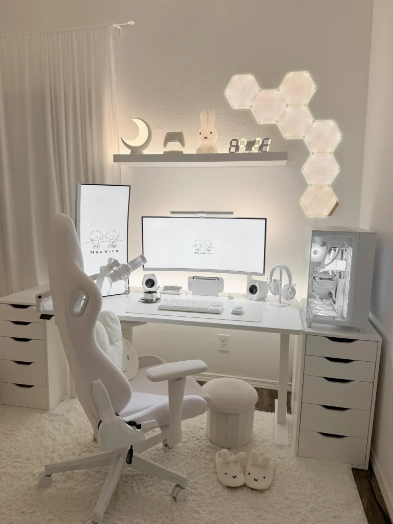 All-White Gaming Setup with Hexagon Wall Lights and Kawaii Accessories