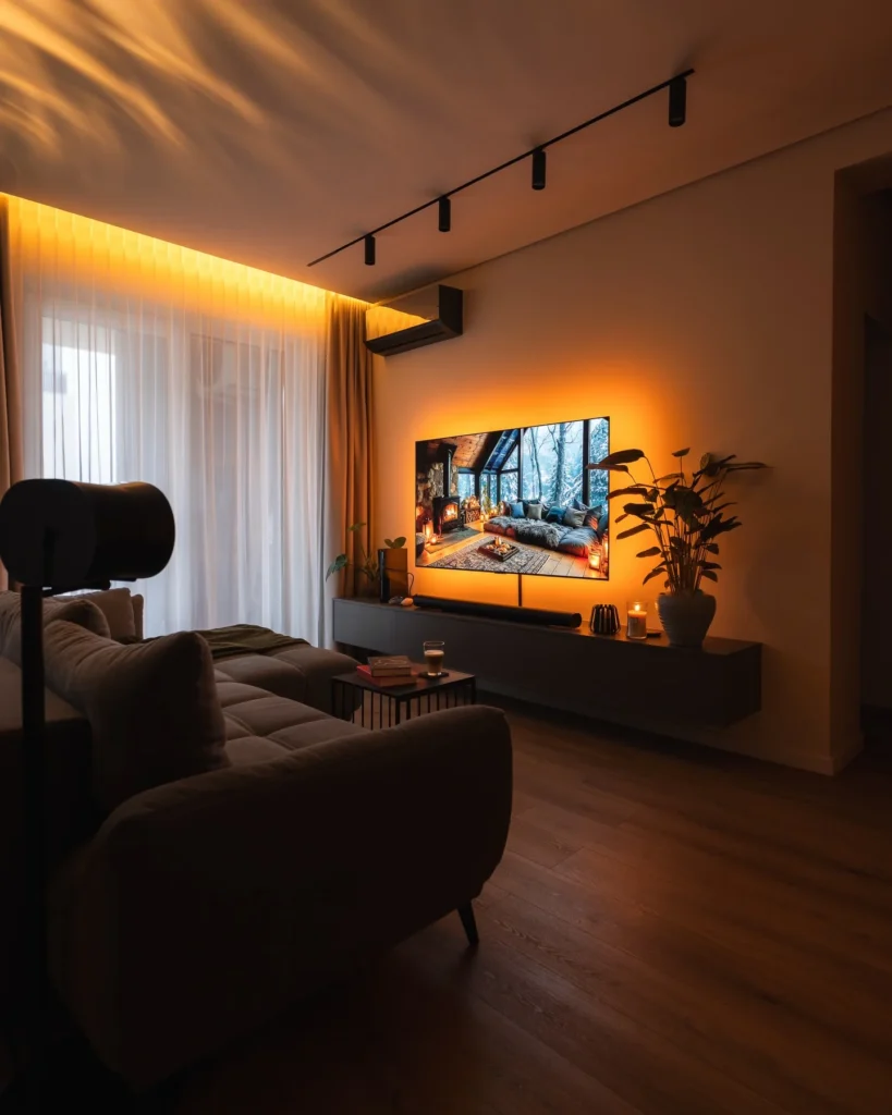 Amber LED Bias Lighting Behind the TV for a Cinematic Winter Night
