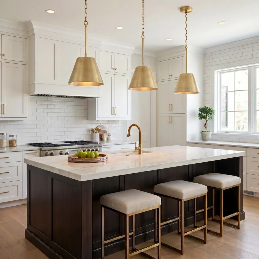 Anchor a White Kitchen With a Dark Island and Brass Cone Pendants