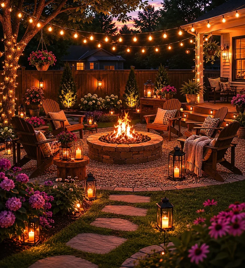 Backyard Fire Pit Circle with Adirondack Chairs, Lanterns, and String Lights