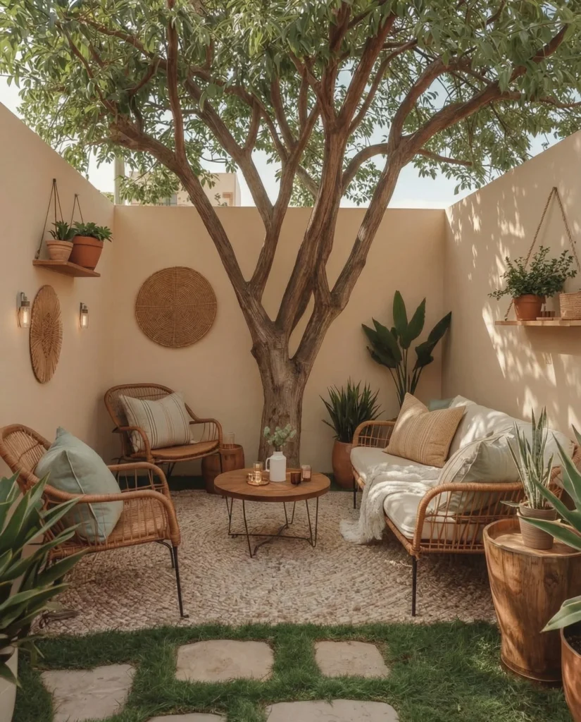 Boho Courtyard Garden with Rattan Furniture, Tree Canopy, and Terracotta Tones