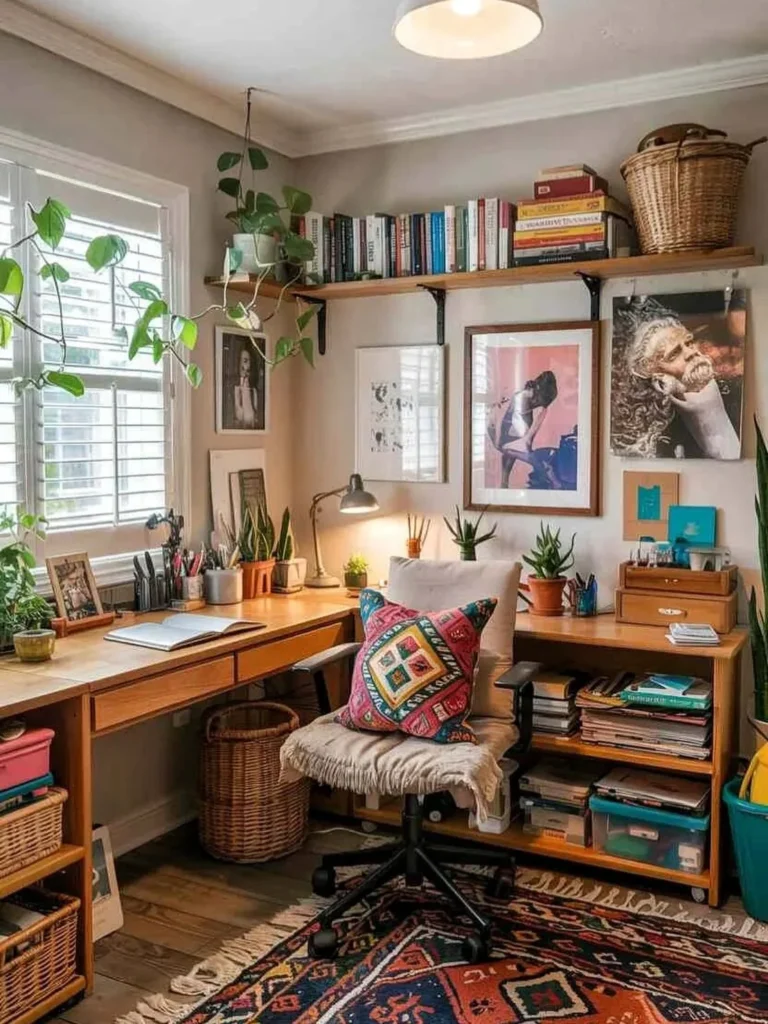 Boho Creative Desk Setup with Colorful Art Prints and Abundant Greenery
