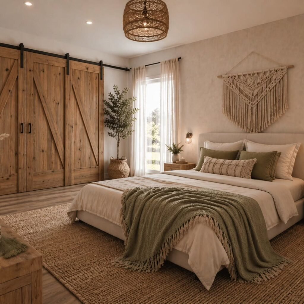 Boho Farmhouse Bedroom With Barn Doors and Macramé Wall Hanging