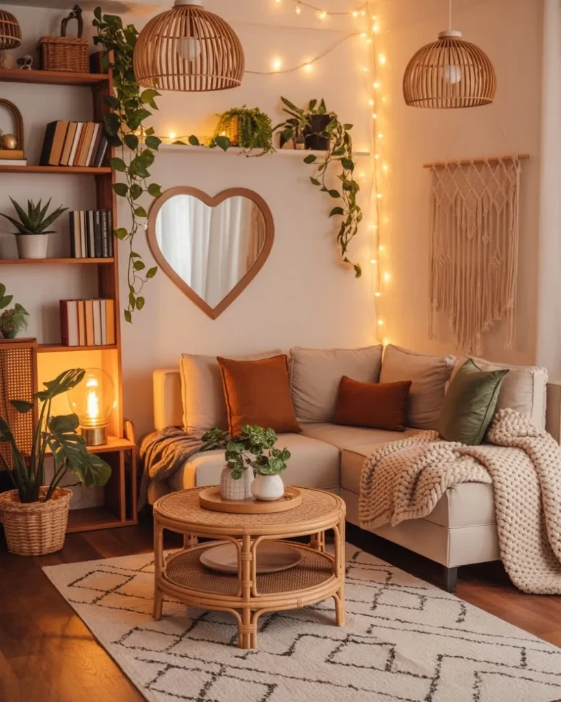 Boho Living Room With String Lights and Heart Mirror