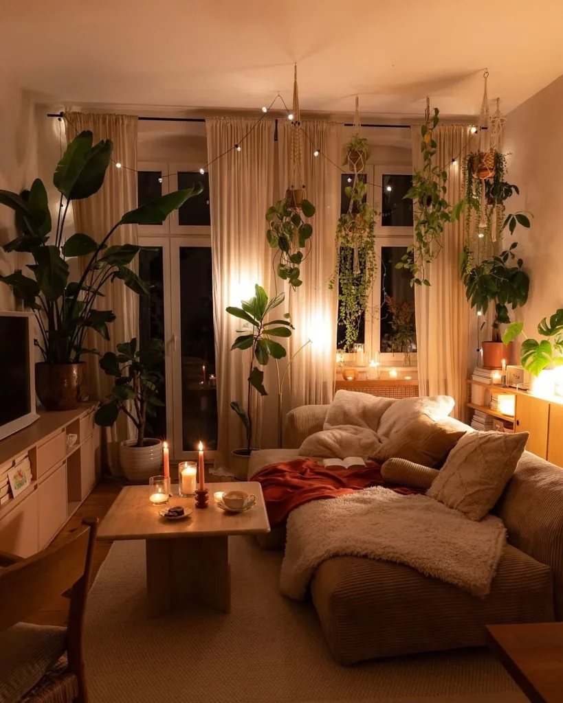 Boho Plant Paradise With Fairy Lights and Candles