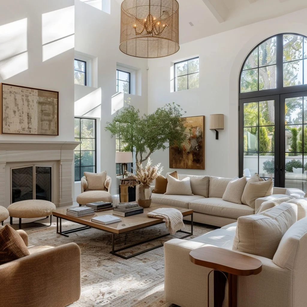 Bright Winter Living Room With Arched Windows and Olive Tree
