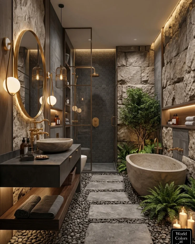 Cave-Inspired Bathroom with Stone Walls, Pebble Floor, and Indoor Garden