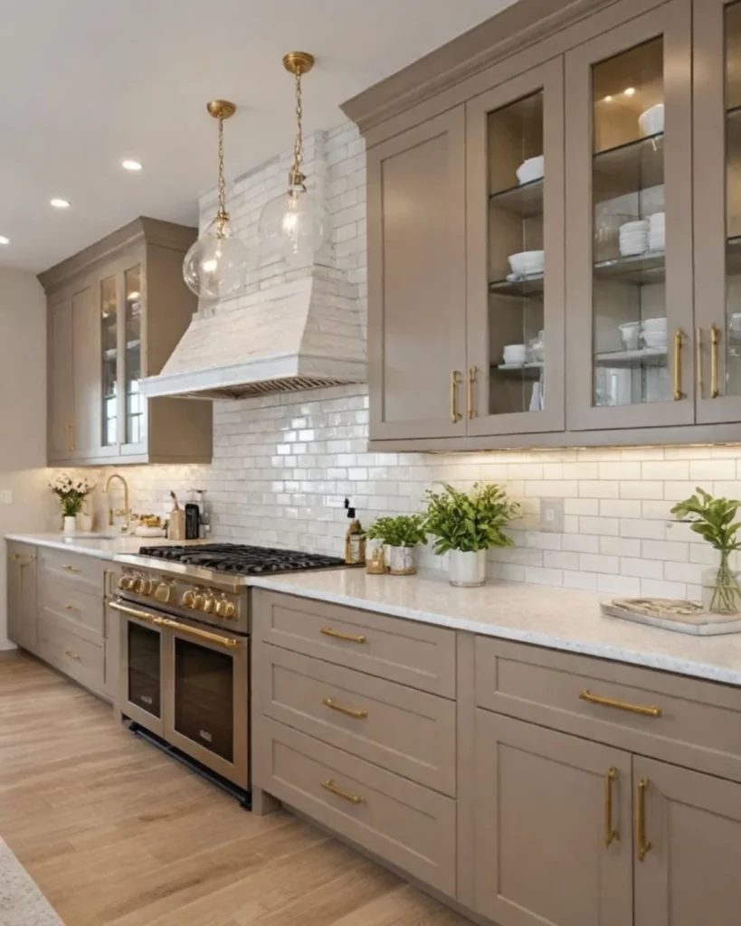 Choose Greige Cabinets and Brass Hardware for a Warm, Timeless Kitchen