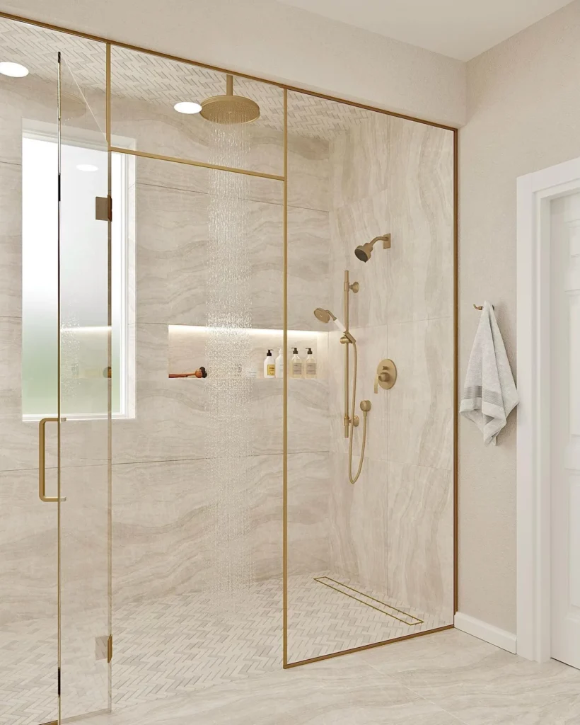 Choose a Gold-Framed Glass Shower With Dual Heads for a Spa-Worthy Upgrade