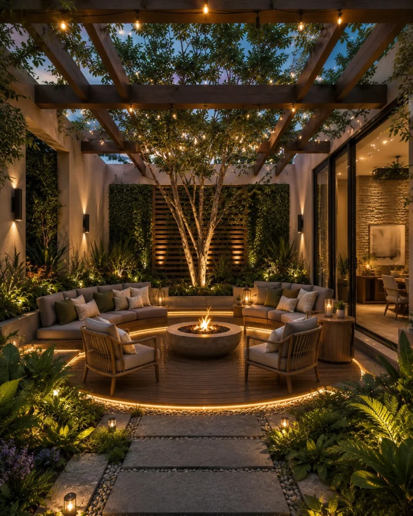 Circular Fire Pit Patio with Pergola, String Lights, and Lush Garden Walls