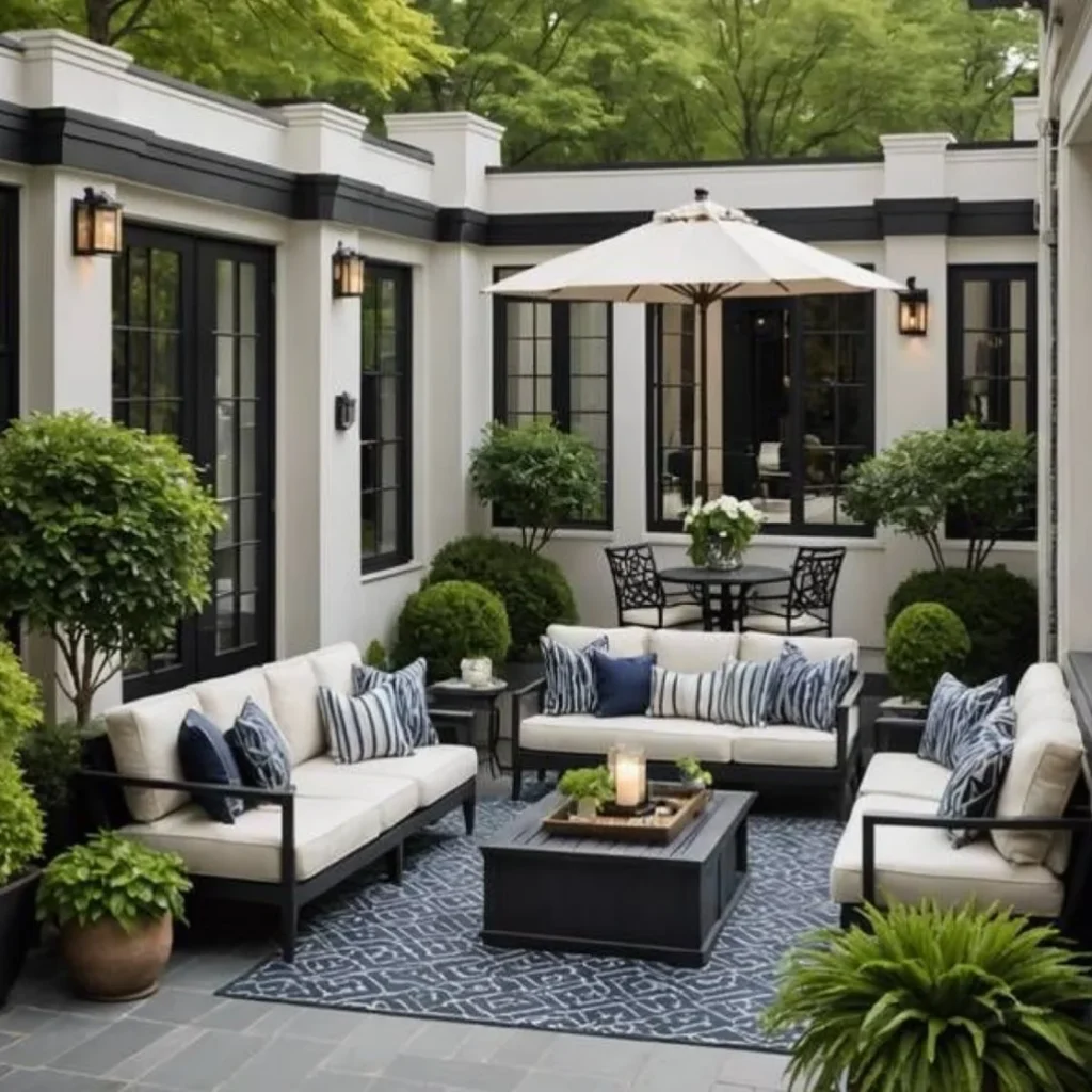 Classic Black and White Courtyard with Navy Accents and Clipped Topiary