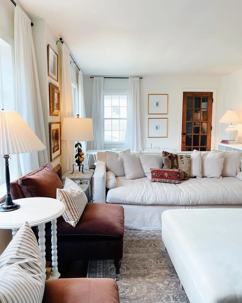 Classic Winter Living Room With Linen Sofa and Vintage Accents