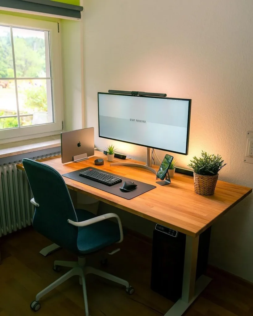 Clean Minimal Wood Desk Setup with Ultrawide Monitor and Natural Light