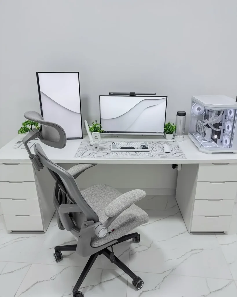 Clean White and Grey Desk Setup with White PC Build and Marble Floor