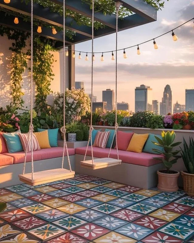 Colorful Rooftop Terrace with Swing Seats, Mosaic Tiles, and City Skyline Views