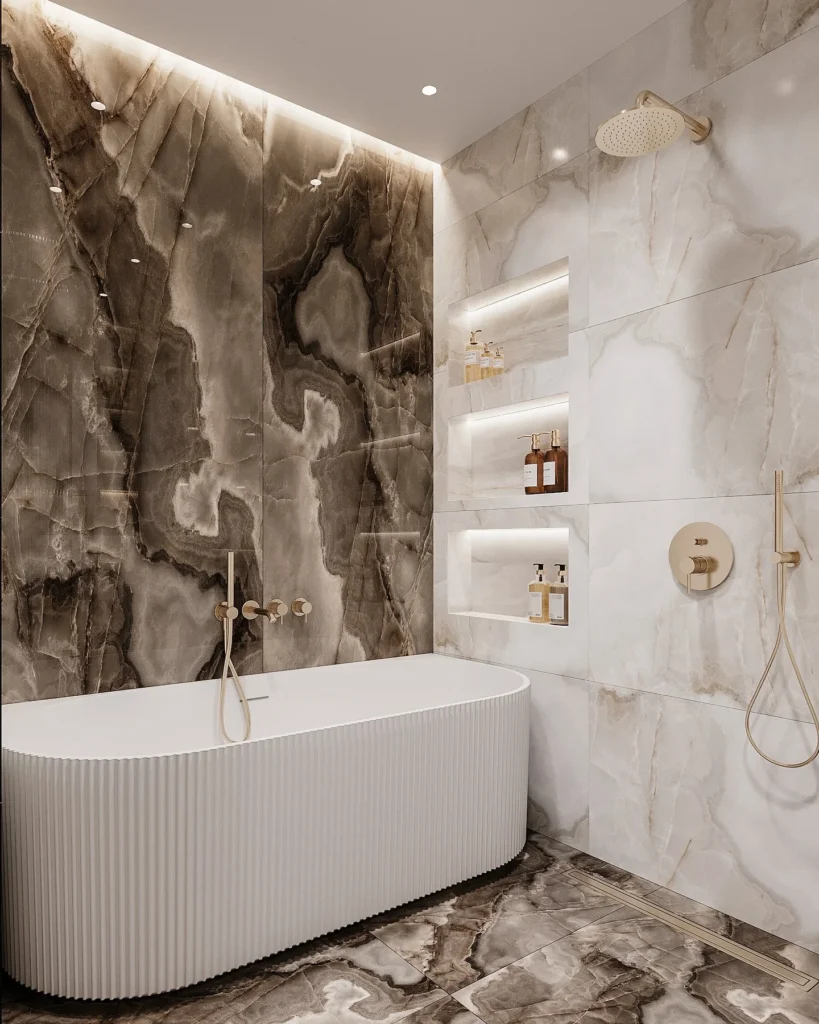 Combine Dramatic Onyx Stone and a Fluted Tub for a Statement Bathroom