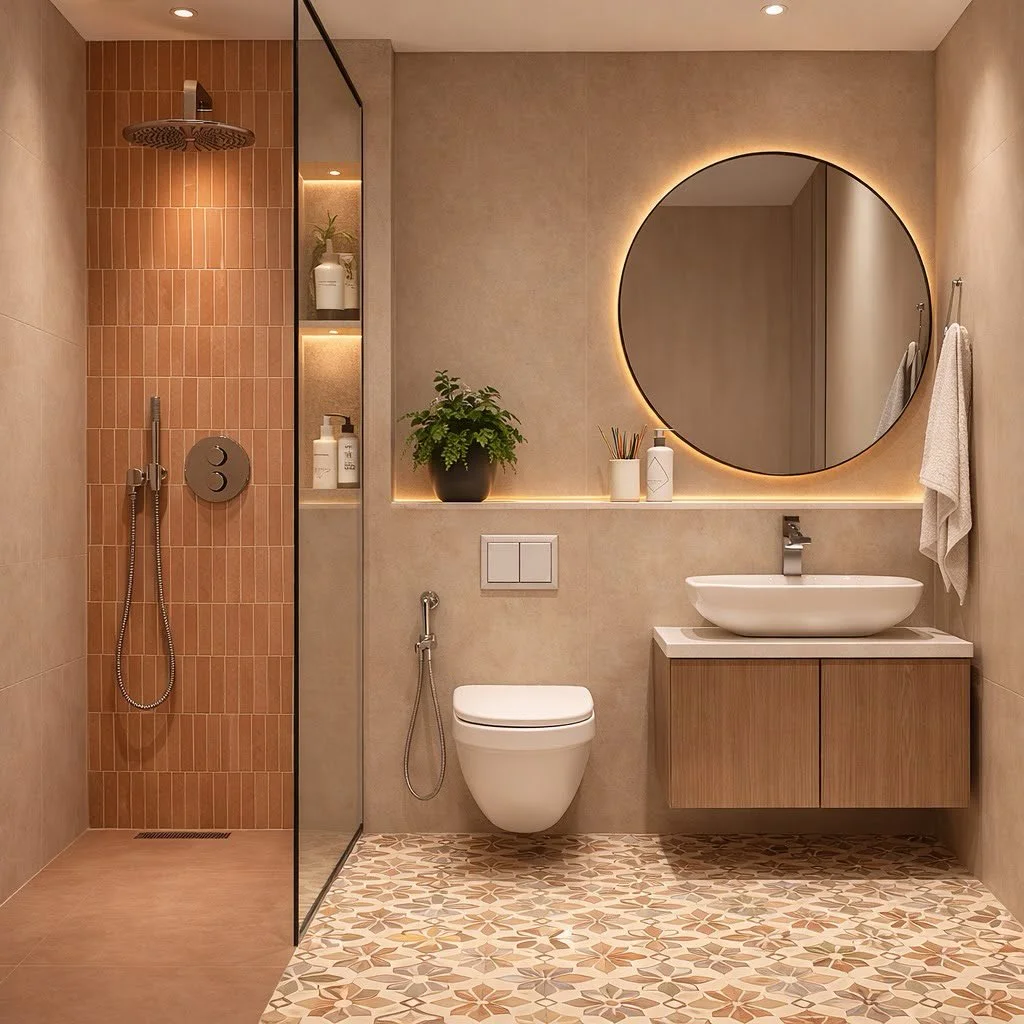 Combine Terracotta Tile and Warm Plaster Walls for an Earthy Bathroom