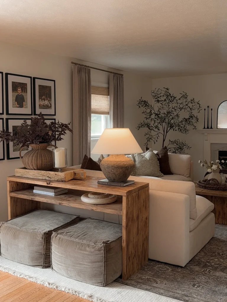 Console Table Behind Sofa as a Zone Divider and Display Surface