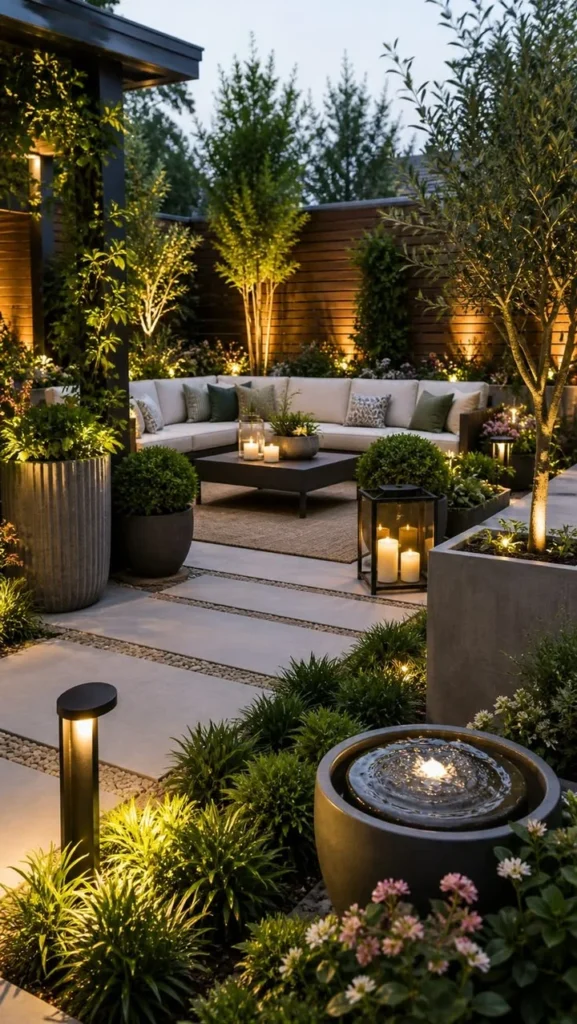 Contemporary Garden Lounge with Bowl Fountain, Uplighting, and Candle Lanterns