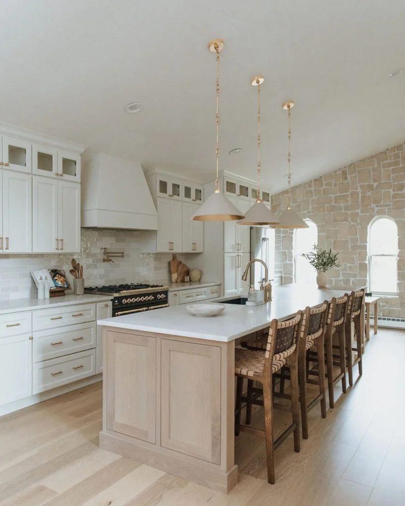 Contrast a White Kitchen With a Natural Wood Island and Stone Wall