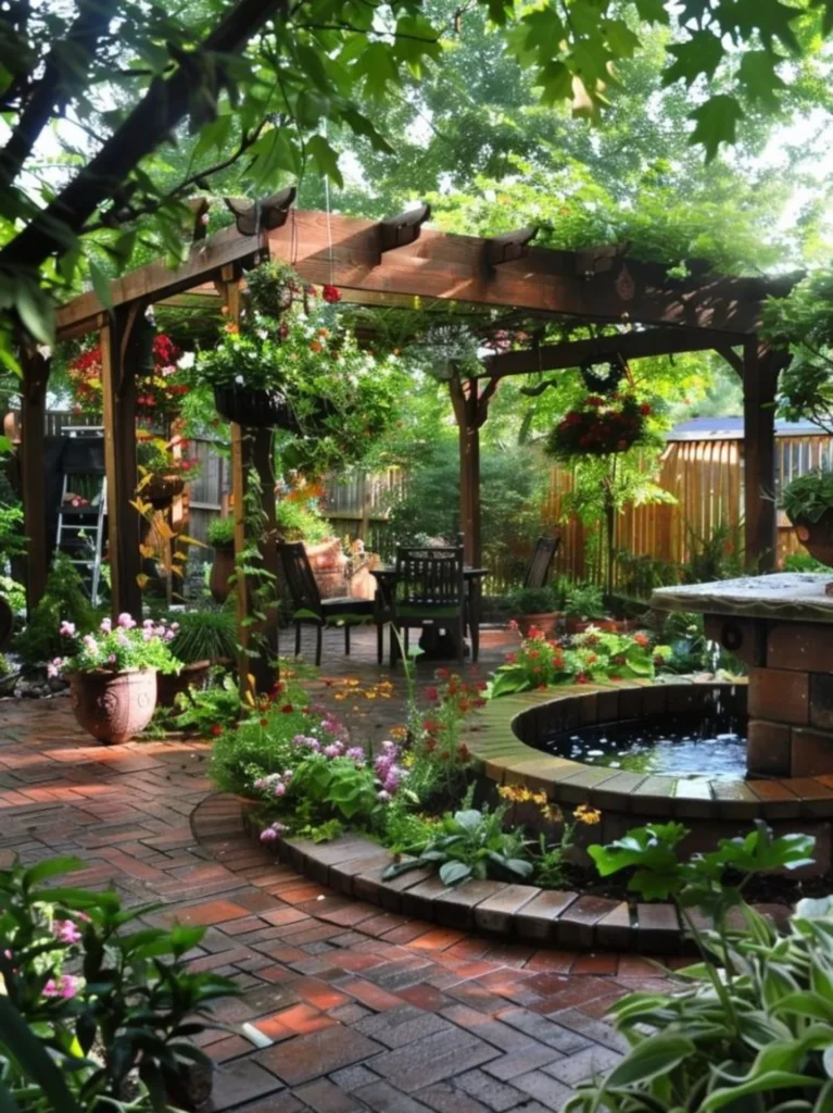 Cottage Garden Patio with Brick Pavers, Koi Pond, and Flower-Draped Pergola