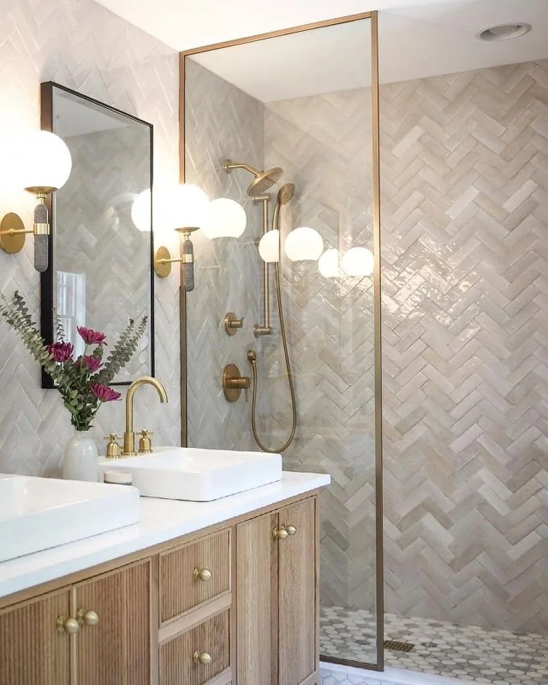 Cover Walls in Herringbone Zellige Tile for a Textured, Glamorous Bathroom