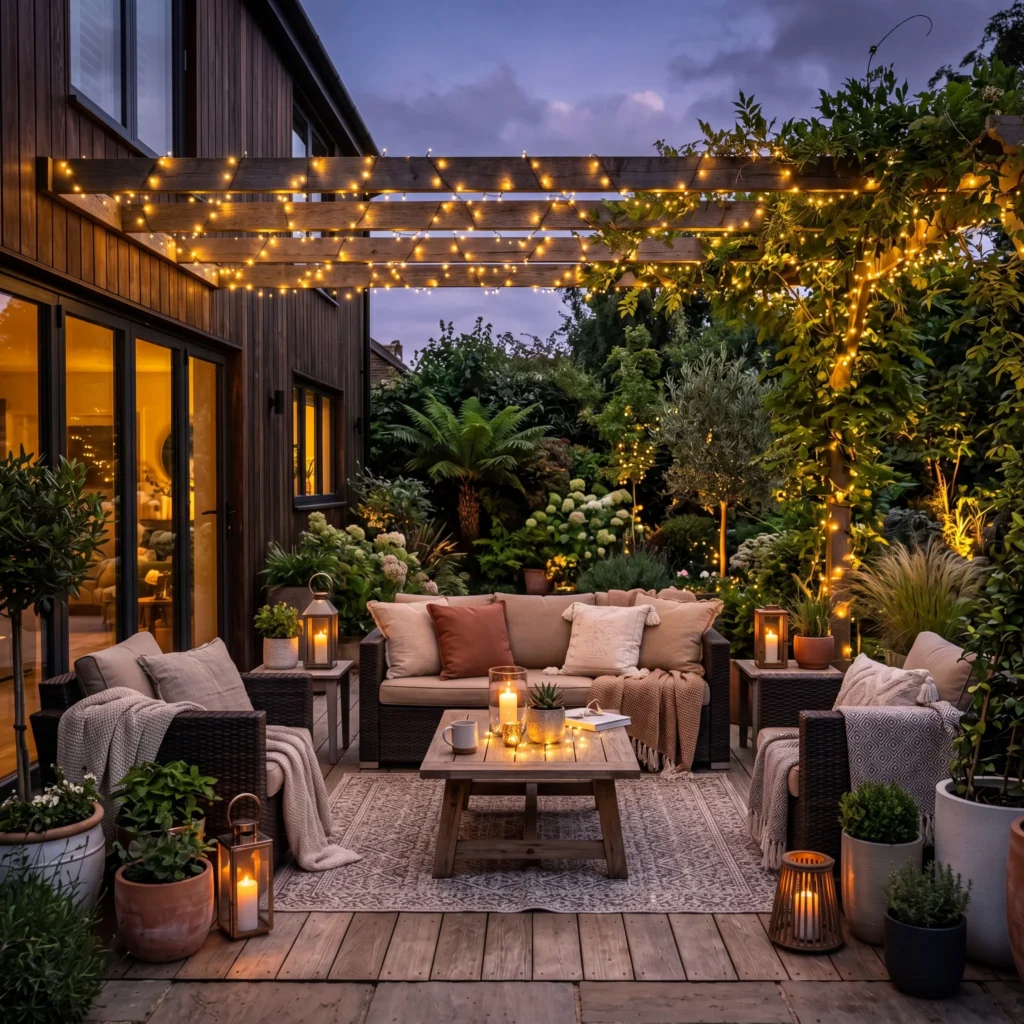 Cozy Garden Patio with Fairy Lights, Rattan Furniture, and Candlelit Evening Ambience