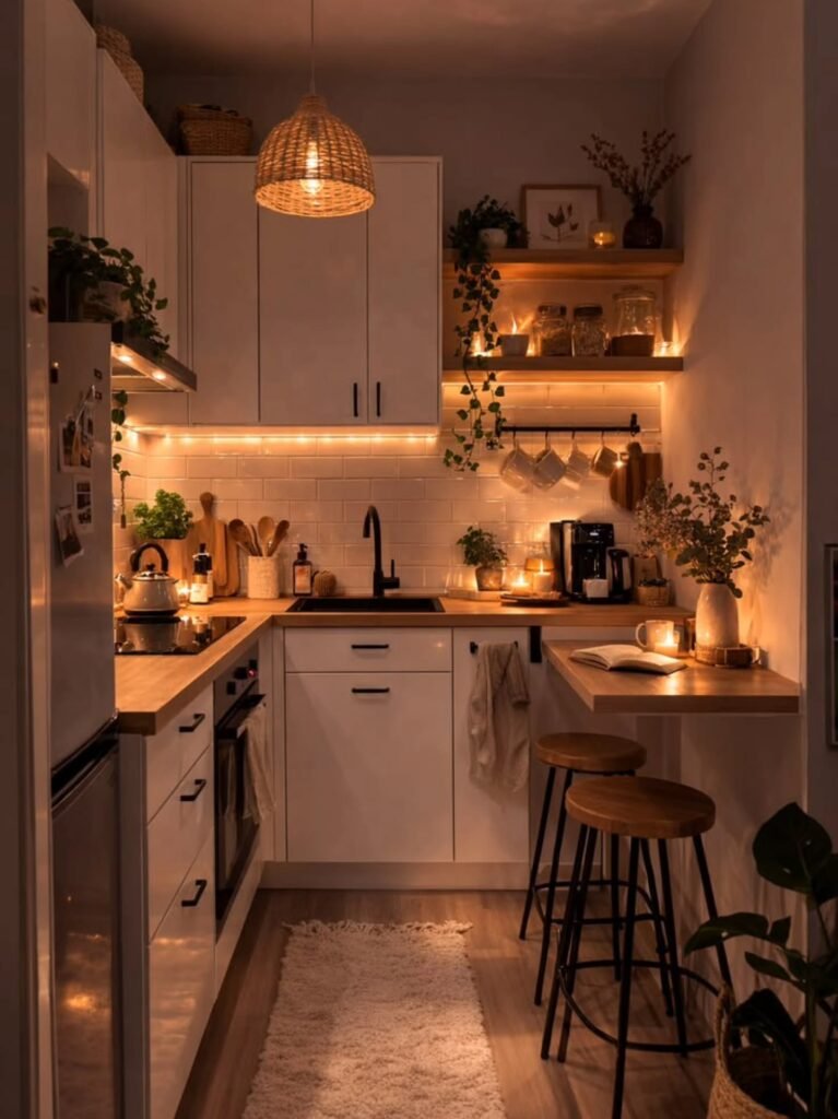 Cozy Small Kitchen With Warm Lighting and Open Shelves