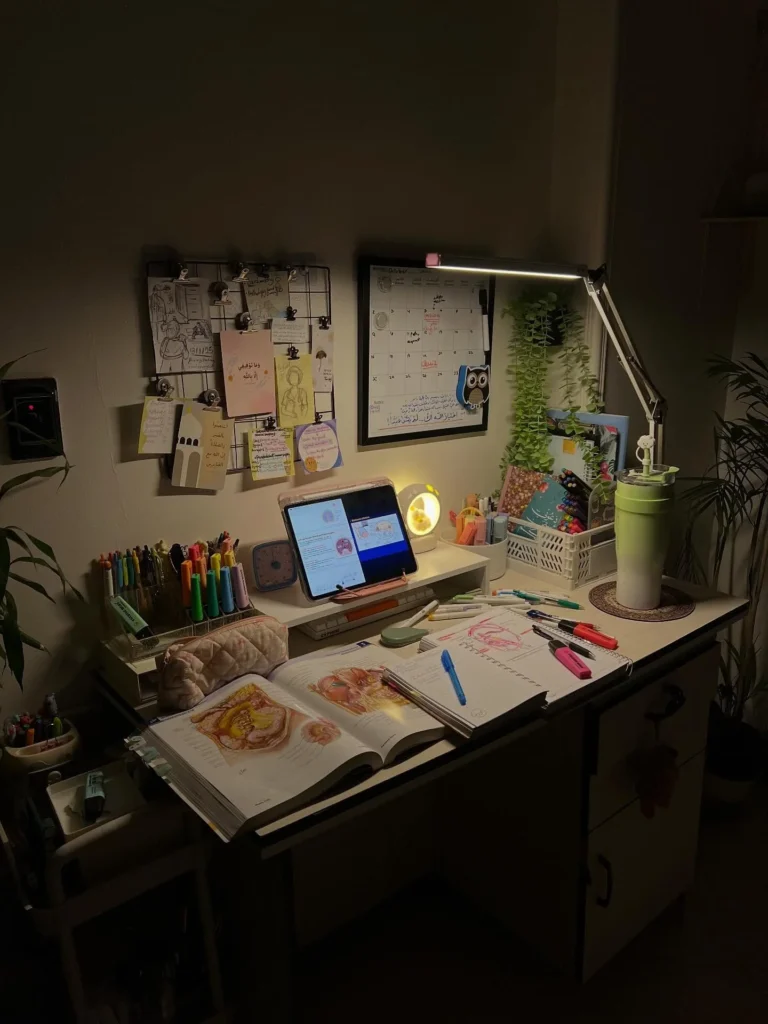Cozy Student Desk Setup with Colorful Stationery and Late-Night Study Vibes