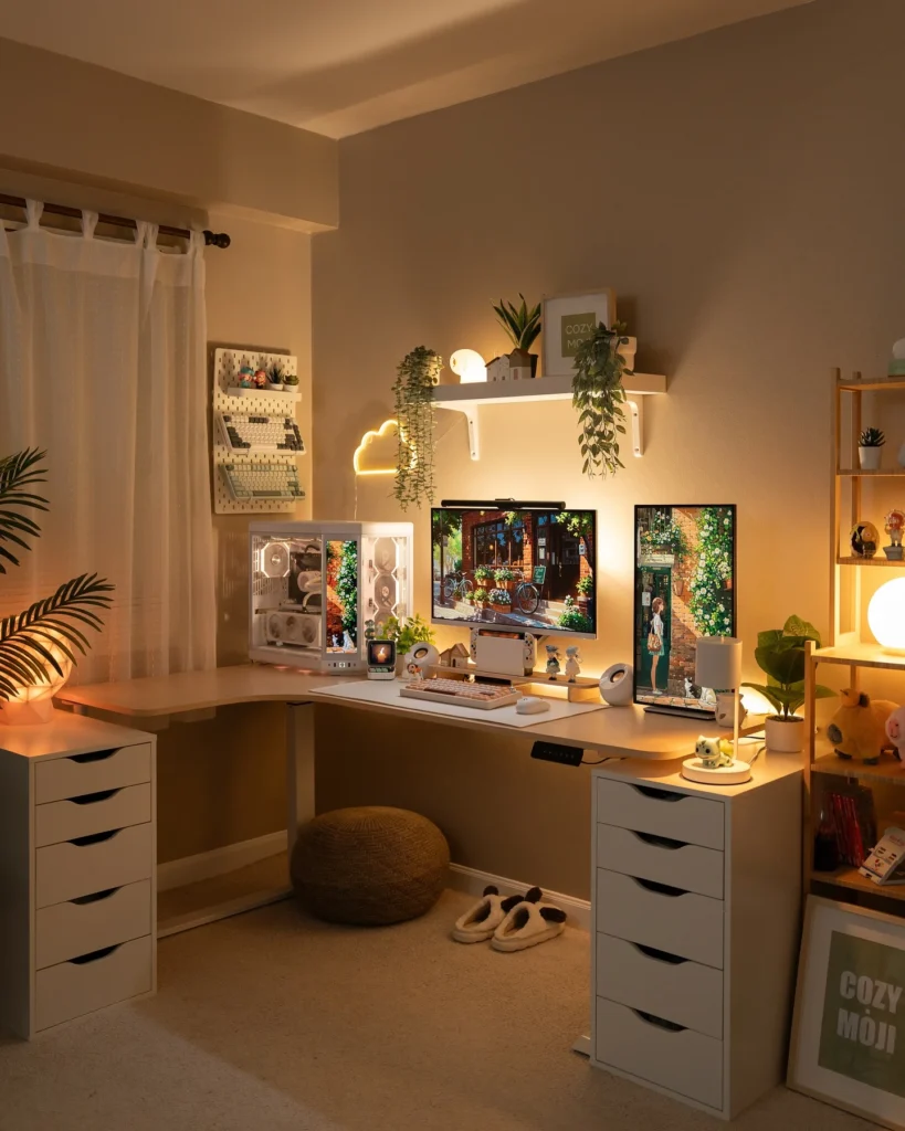 Cozy Warm-Toned L-Shaped Desk Setup with Dual Monitors and Soft Lighting