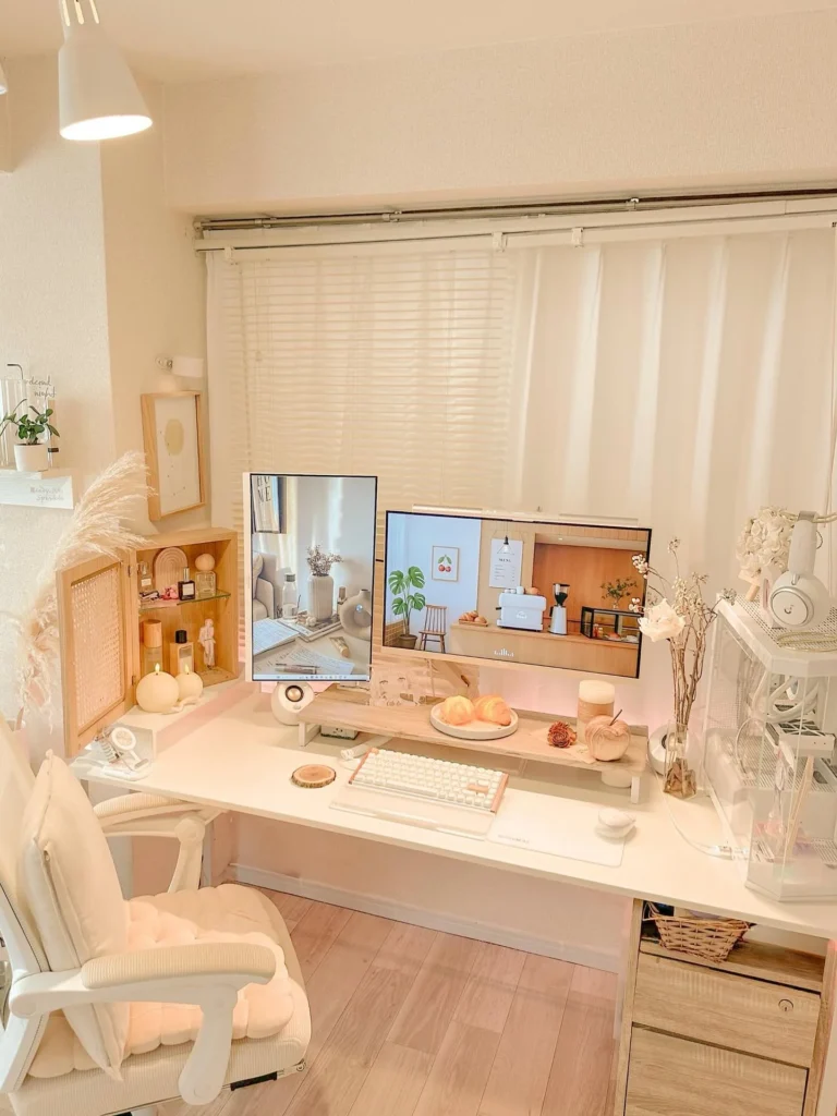 Creamy Peach Desk Setup with Dual Monitors and Cottagecore Decor