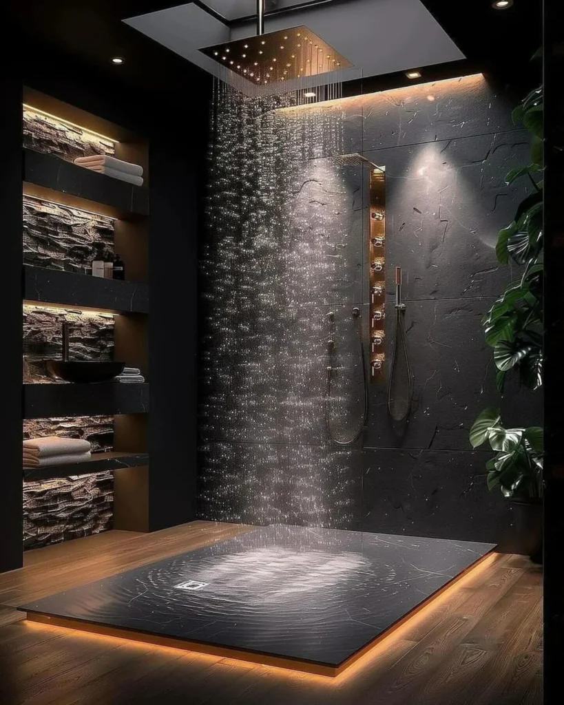 Create a Dark Dramatic Shower Room With Stone Walls and LED Shelf Lighting