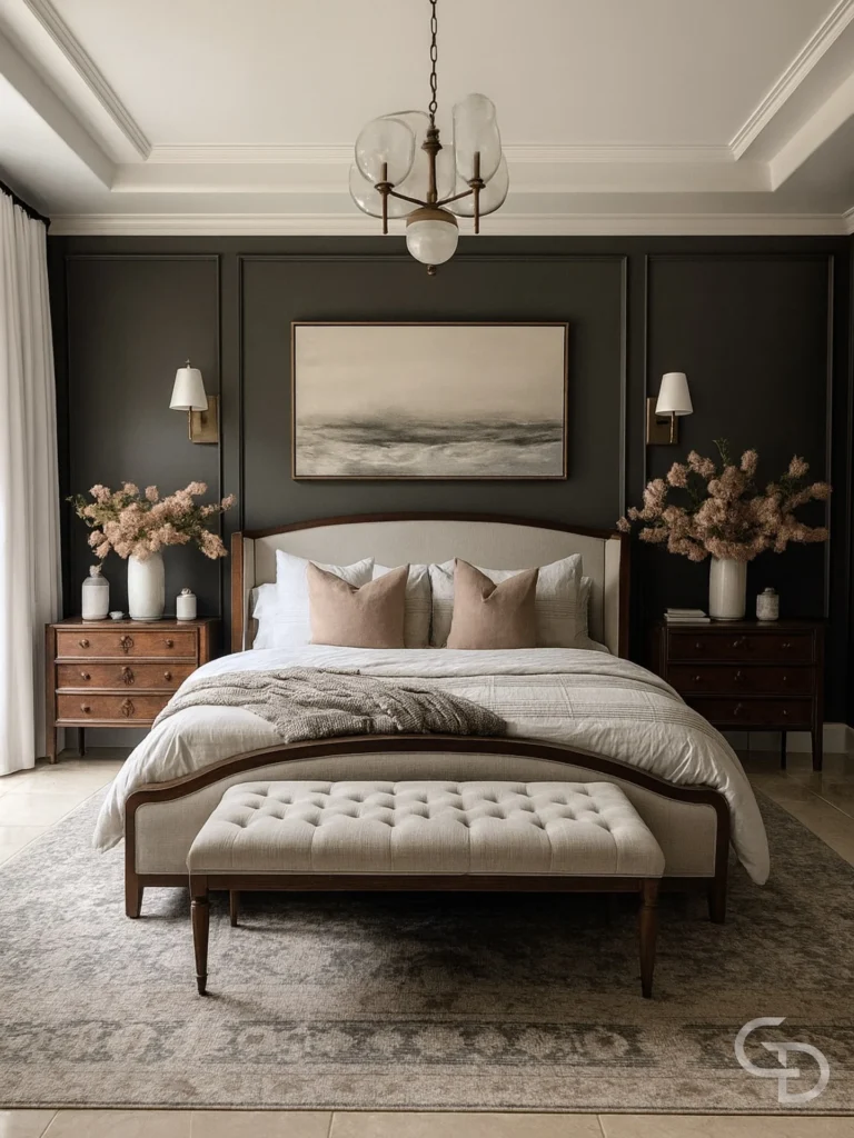 Dark Accent Wall Bedroom With Wall Sconces and Tufted Bench