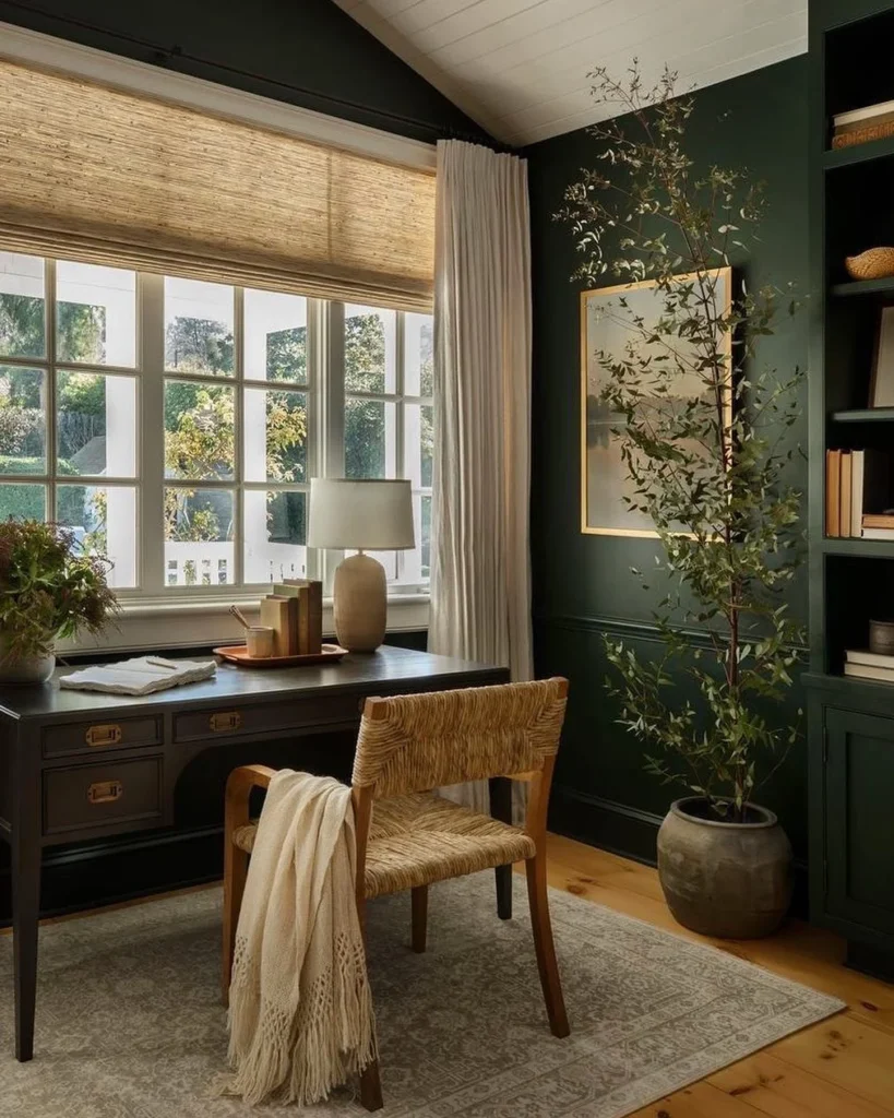 Dark Green Home Office with Campaign Desk, Rattan Chair, and Tall Indoor Tree