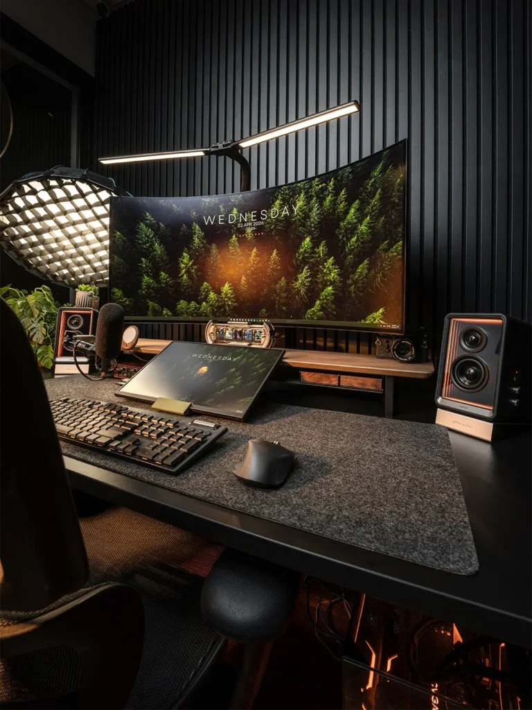 Dark Moody Desk Setup with Ultrawide Monitor and Studio-Grade Audio